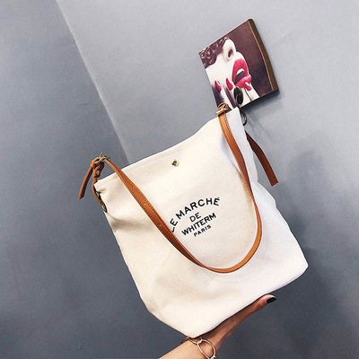スーパー オーダーメイド ロゴ 綿 キャンバス トート ショルダーバッグ ブラウン レザー ハンドル